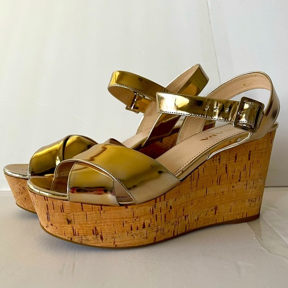 Prada Gold Metallic Cork Wedge Sandals - Picture 1 of 10